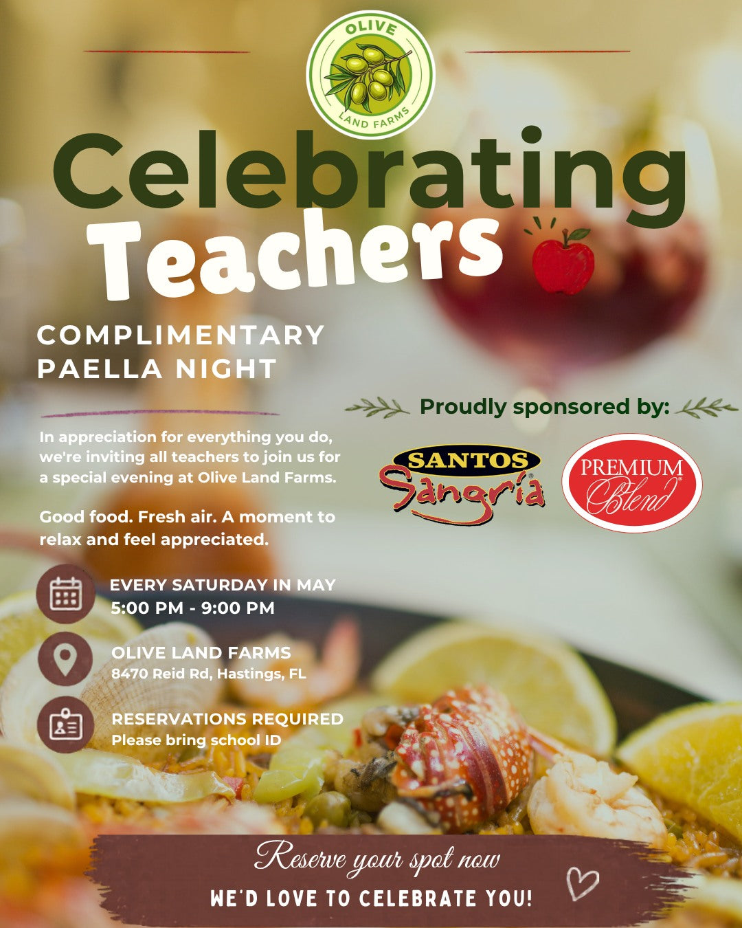 Celebrating Teachers - Complimentary Paella Night - Every Saturday in May